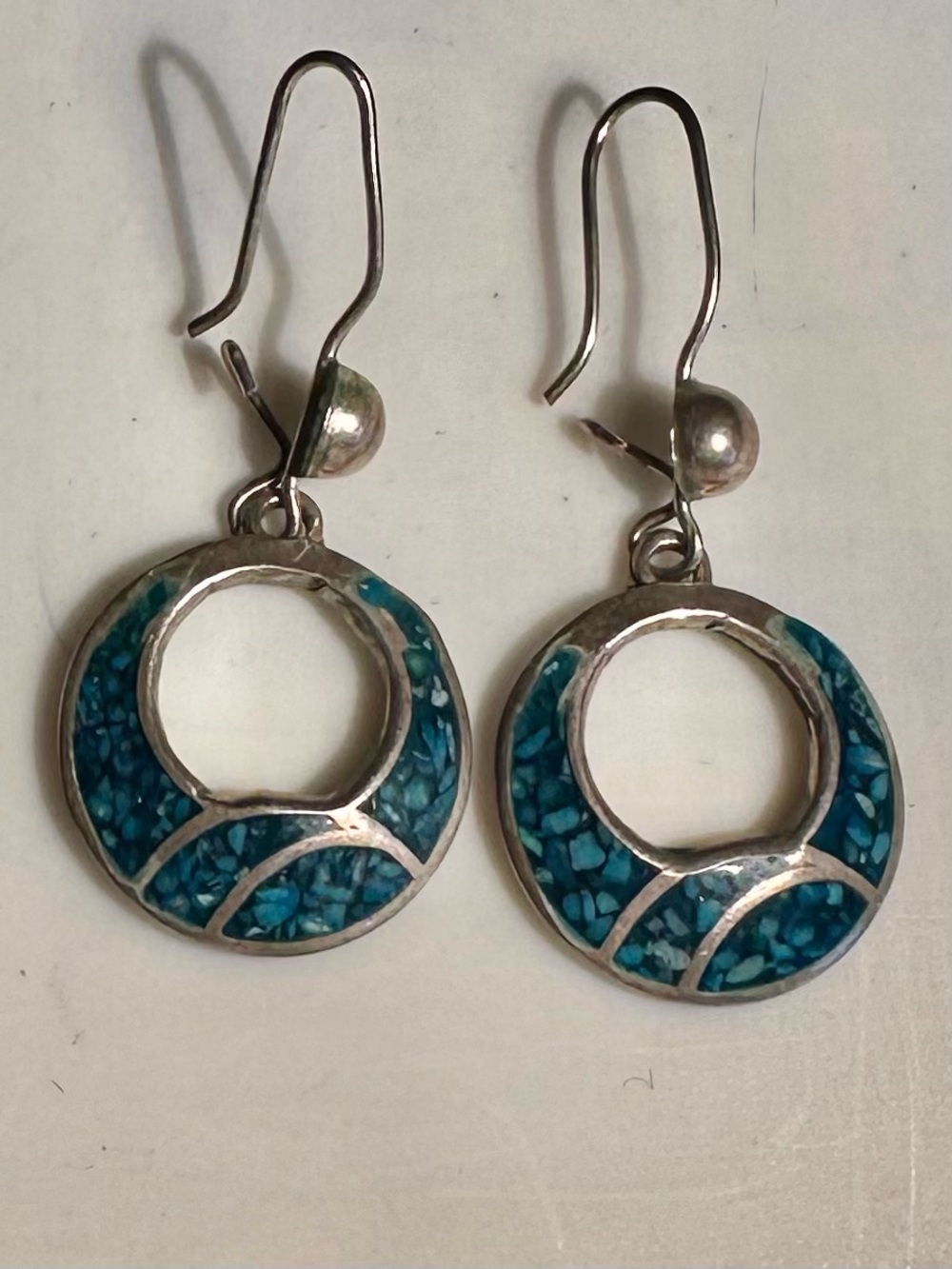 Sterling Silver Teal wInlay Circle Drop Earrings - 5/8”